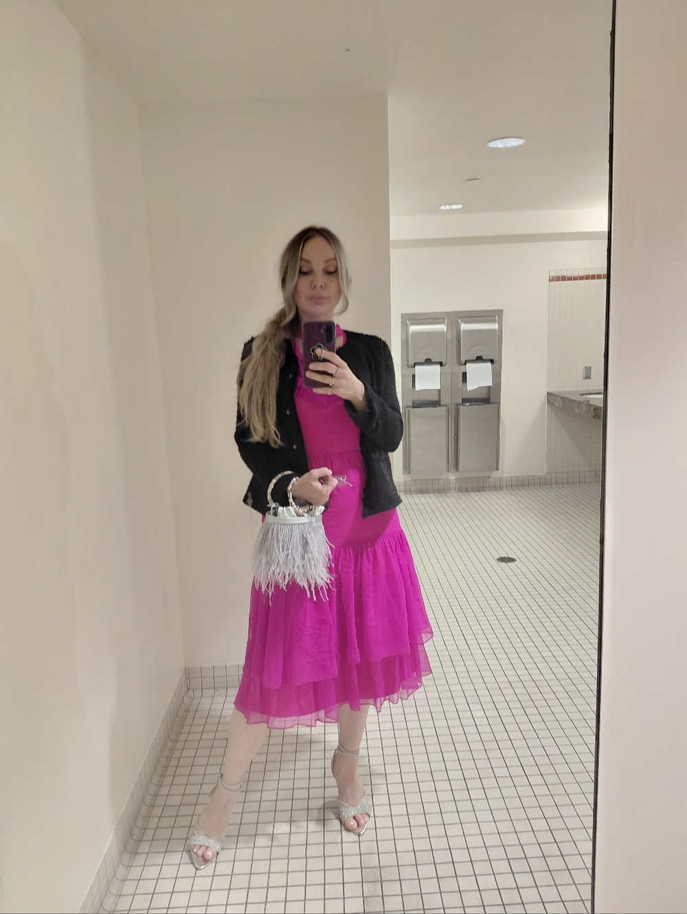 Pink Tiered Ruffled Midi Dress with Cold Shoulder
